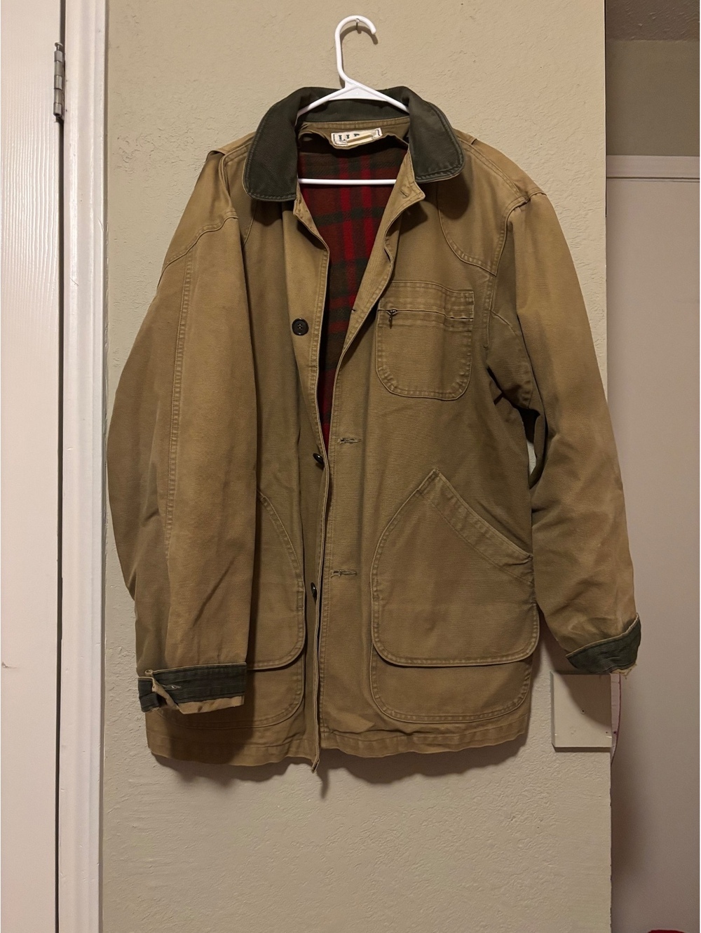 Vintage L.L.Bean Men's Brown Canvas Jacket with Red Plaid Wool Lining